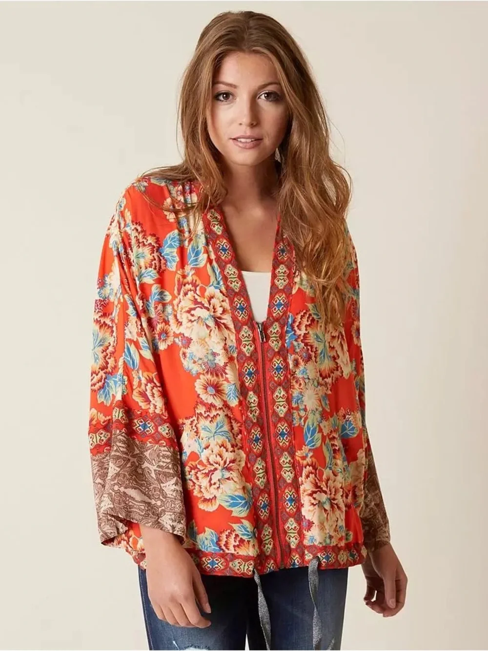 Free People Wildflower Zip Front Kimono Jacket Floral Boho Red Orange Festival